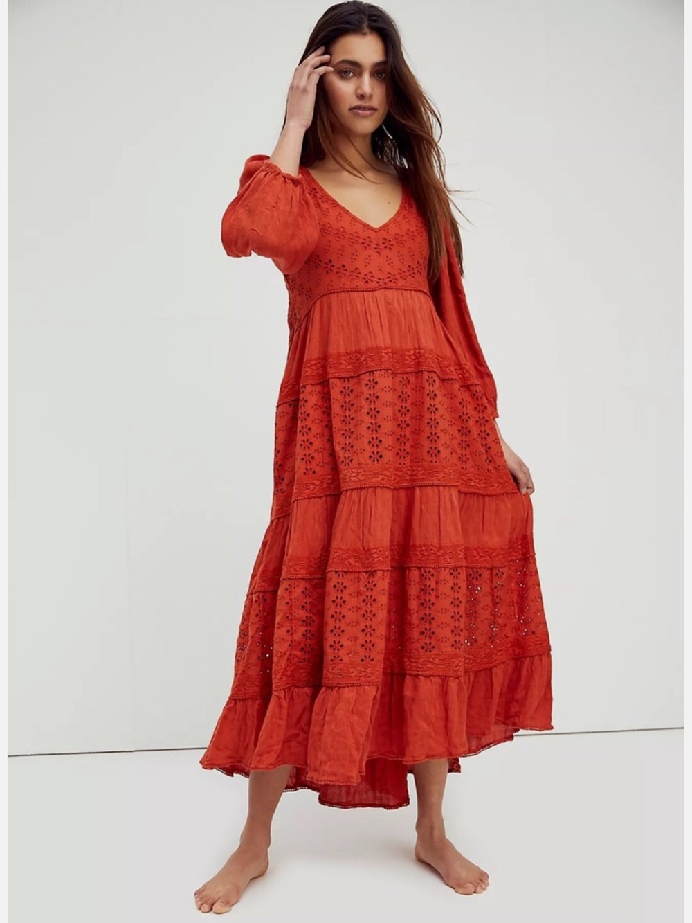 FREE PEOPLE Bohemian Red Tiered Maxi Dress - Picture 8 of 11
